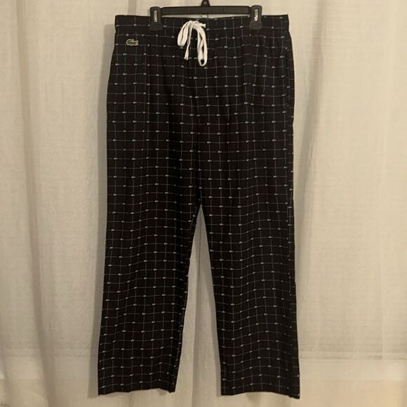 Lacoste XL Black Blue Cotton Croc Logo Print Drawstring Lounge PJ Pants - Picture 5 of 16